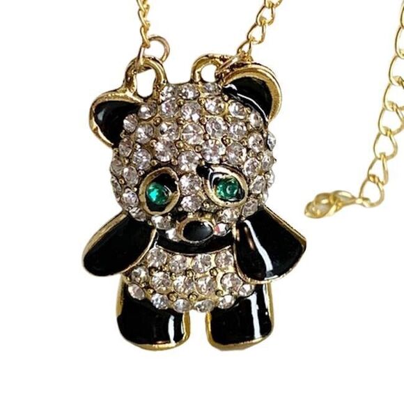 NEW Black White Rhinestone PANDA BEAR Long Necklace Green Eyes Gold Chain NWT - Picture 5 of 7